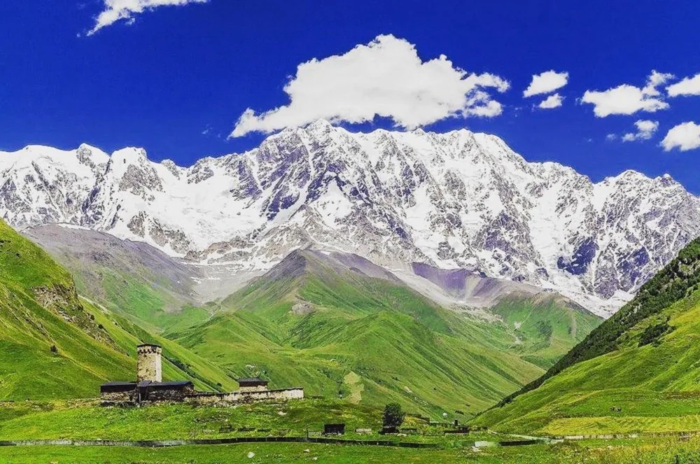 Green meadows and Svan towers below the snow-covered Shkhara massif