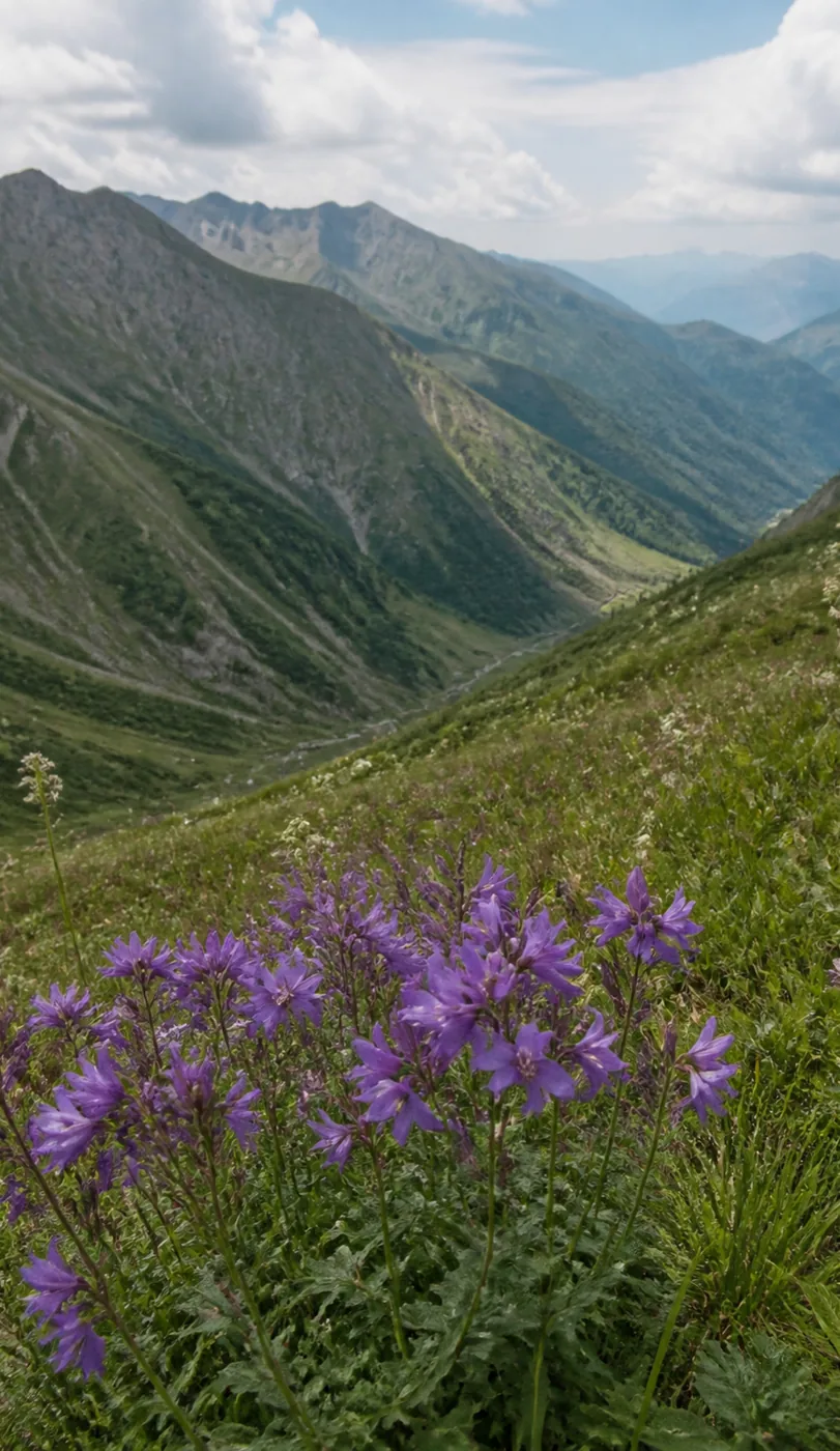 Purple wildflowers above a mountain valley
