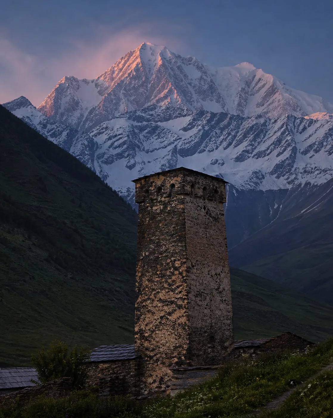 Dusk light over a Svan tower below the Shkhara massif