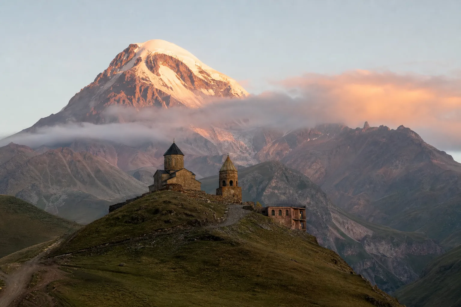 Gergeti Trinity Church below Mount Kazbek at dawn