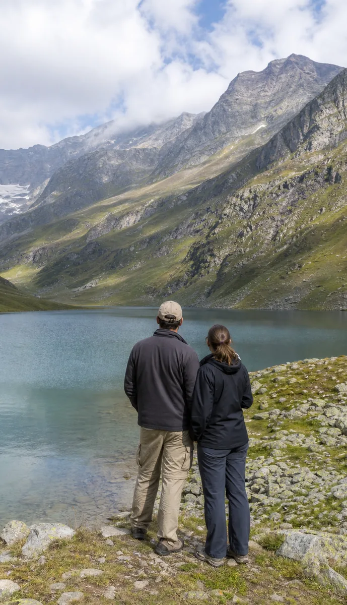 Couple standing at the shore of a high mountain lake