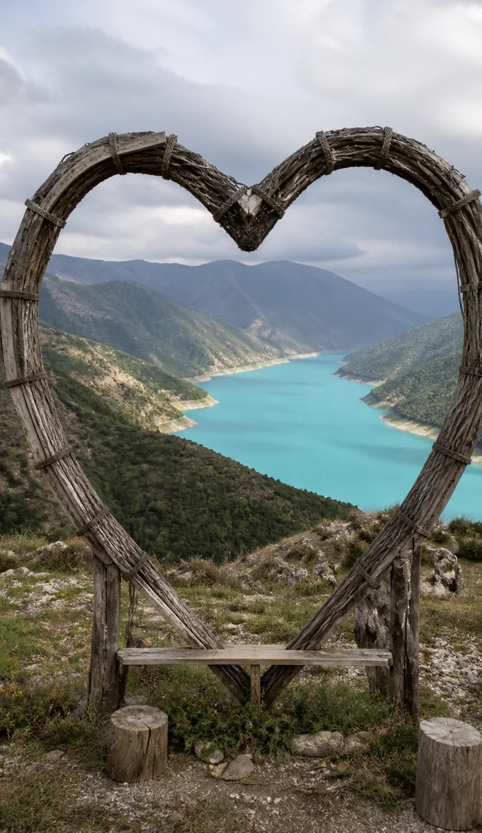 Heart-shaped arch overlooking a turquoise reservoir